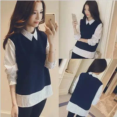 Women's Base Shirt Long Sleeve Fake Two-Piece Top S-XXL