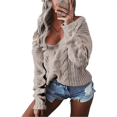 White Knitted V-Neck Sweater for Women with Patchwork Design