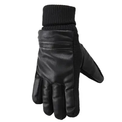 Black Leather Winter Ski Gloves Rainproof Warmth