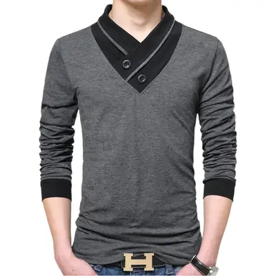 Men's Black V-Neck T-Shirt with Velvet Padded Sleeves