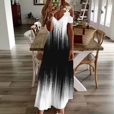 2023 Black & White Gradient Lace V-Neck Sleeveless Long Dress
