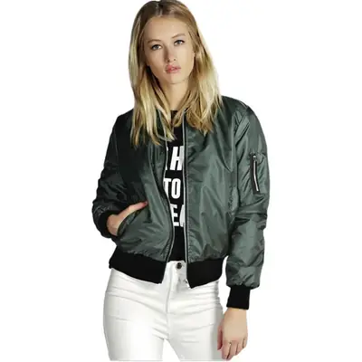 Women Bomber Jacket Green Black Zipper Winter Fashion