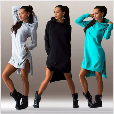 Women's Beige Long Sleeve Hooded Dress with Side Slit