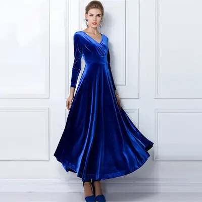 Blue Velvet V-Neck Long Sleeve Dress for Women