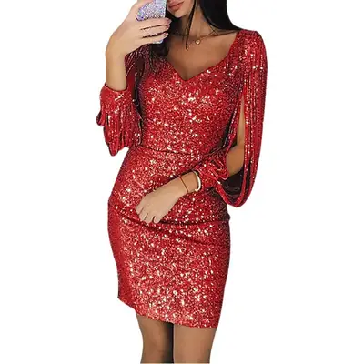 Red Sequin Tassel Hip Dress for Women Party Wear