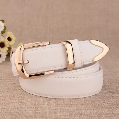 White Leather Belt with Gold Buckle for Women