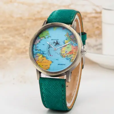 World Map Watch for Women Blue Band Casual Fashion
