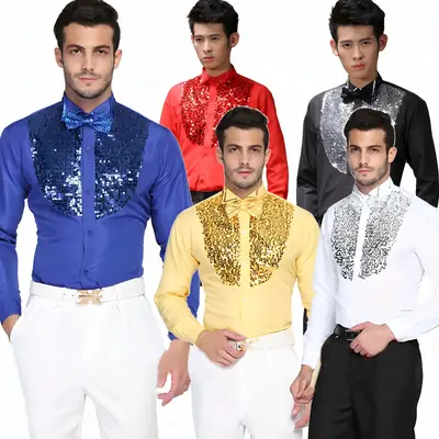 Men's Glitter Embroidered Shirt White Blue Yellow