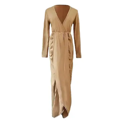 V-Neck Long Sleeve Cotton Nightwear Dress Tan