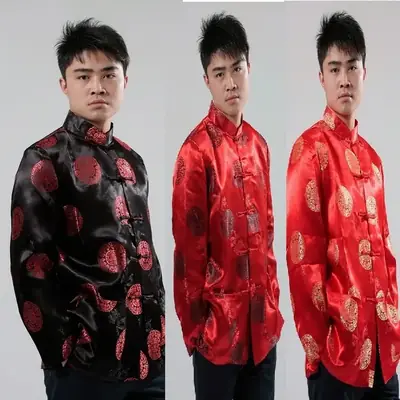 Men's Chinoiserie Tang Suit Black Red Long Sleeve Jacket