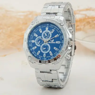 Men's Silver Steel Watch Three Eye Dial