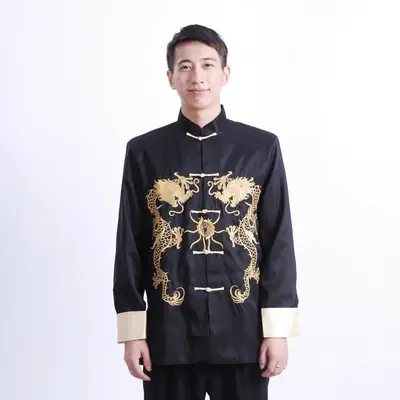 Men Embroidered Gold Dragon Coat Black Long Sleeve Chinese Tang Suit