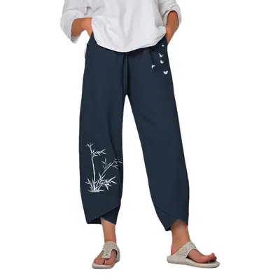 Bamboo Butterfly Print Elastic Waist Pants for Women