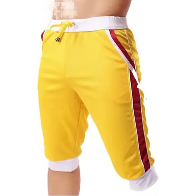 Men's Black Yellow Sports Capri Pants Mid Waist Casual Outdoor