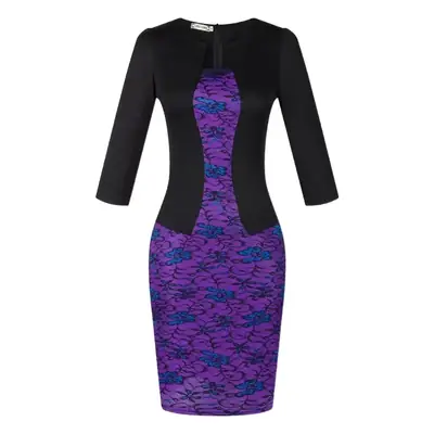 Purple Lace Hip Pencil Dress with 3 Sleeve Black Top