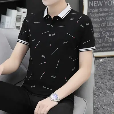 Men Printed Polo Shirt Black White Stripes Short Sleeve