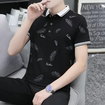 Men's Grey Feather Print Polo T-Shirt Short Sleeve Casual