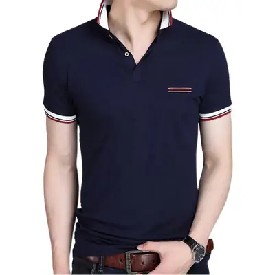 Men Navy Blue Slim Fit Polo T-Shirt with Red White Trim