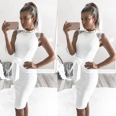 White Lace Eyelash Sleeveless Hip Cover Dress