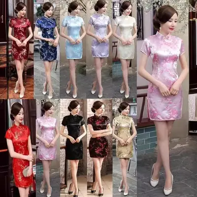 Traditional Silk Tang Suit Dress Red Golden Chinoiserie