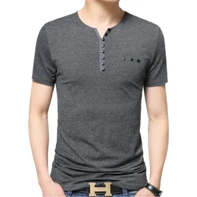 Men Slim Fit V-Neck Cotton T-Shirt Grey