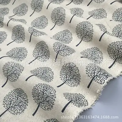 Linen Fabric with Small Tree Print for DIY Home Decor
