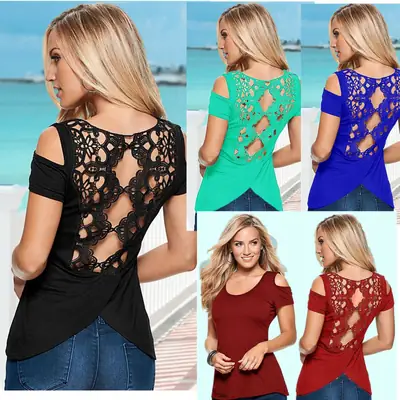 2019 Summer Back Lace T-Shirt Cotton Solid Color