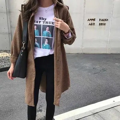 Women's Grey Corduroy Mid-Length Jacket with Fleece Hood