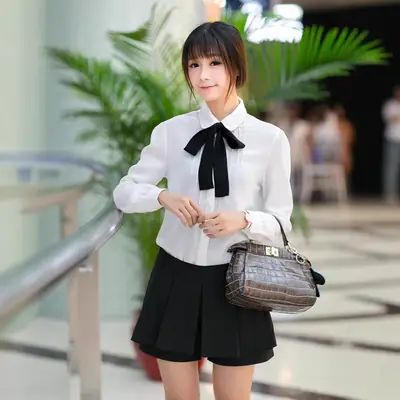 Women Korean Style White Butterfly Bow Tie Collar Chiffon Shirt