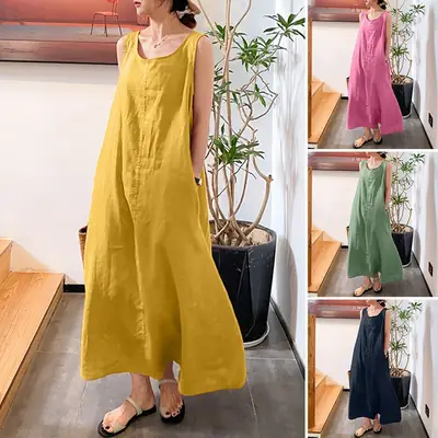 Women Long Sleeve Red Linen Dress Loose Fit