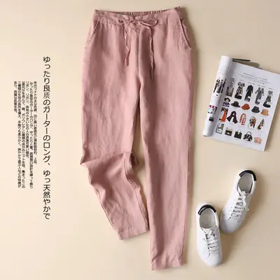 Women Linen Slim Fit Pants Pink Large Casual Wear