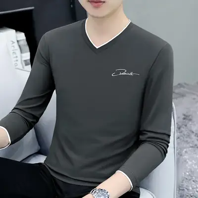 Men V-Neck Long Sleeve Black T-Shirt Spring Autumn