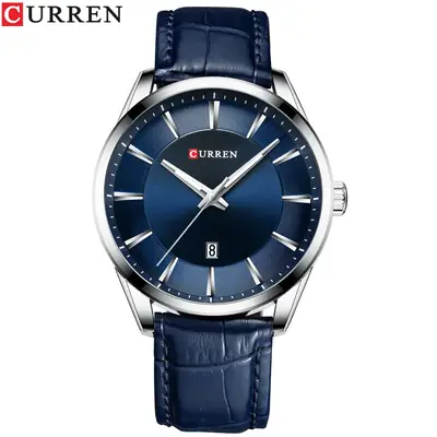 CURREN Men's Blue Leather Belt Watch Waterproof Calendar Quartz