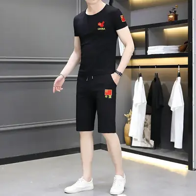 Men Camo Embroidered Black T-Shirt & Shorts Set