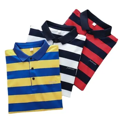 Men Striped Polo T-Shirt Brown White Casual Wear