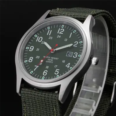 Men's Military Style Watch with Brown Fabric Band