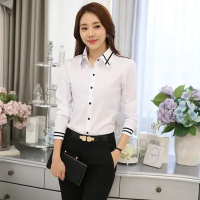 2025 Korean Style White Long Sleeve Shirt with Black Pants