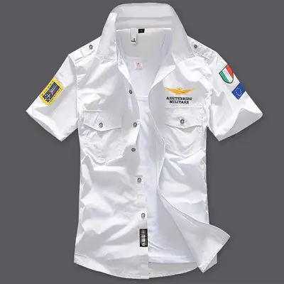Men Black Short Sleeve Korean Style Shirt with Embroidered Pads