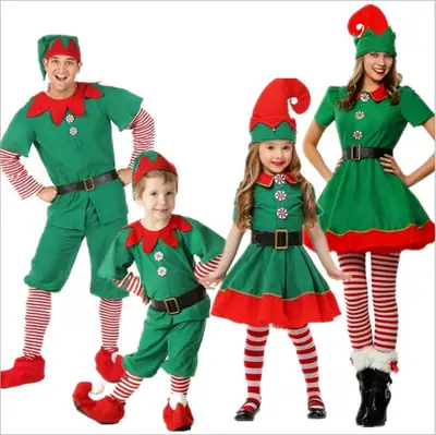Halloween Elf Kids Costume Green Red Striped Leggings