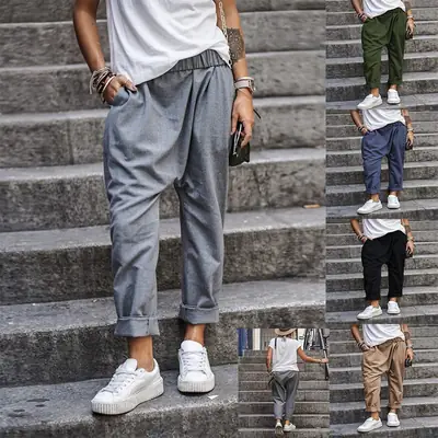 Men Pure Color Elastic High Waist Harem Pants Casual Brown