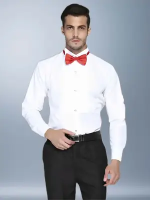 Men's White Short Sleeve Shirt with Red Bow Tie