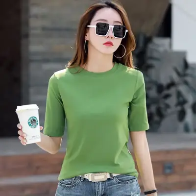 Women Green Round Neck Mid Sleeve T-Shirt 2022 Summer