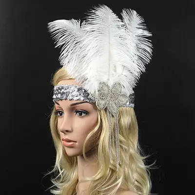 White Feather Diamond Headband with Bow