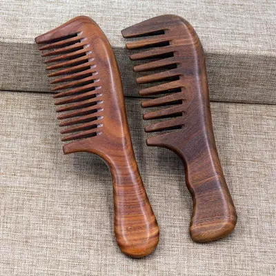 Natural Green Wooden Hair Comb with Handle