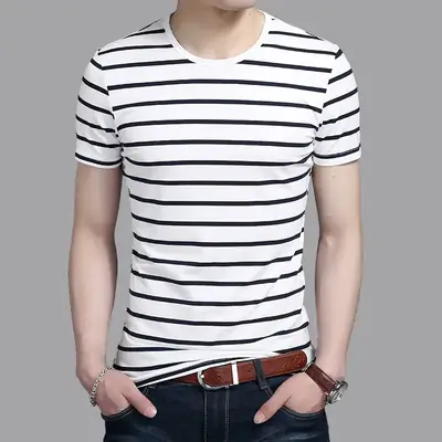 Men Red White Striped Cotton T-Shirt Slim Fit