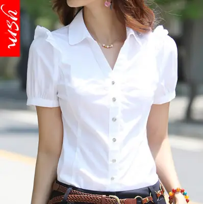 Women White V Neck Professional Shirt Short Sleeve Korean Style