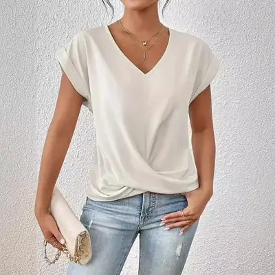 2025 Green V Neck T-Shirt Women Spring Summer