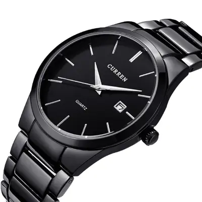 Men's Black Steel Band Quartz Watch with Date Display