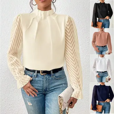 Women's 2024 Half-Turtleneck Chiffon Top with Wave Pattern