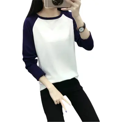 Women's 2022 Crew Neck Long Sleeve Top White Blue